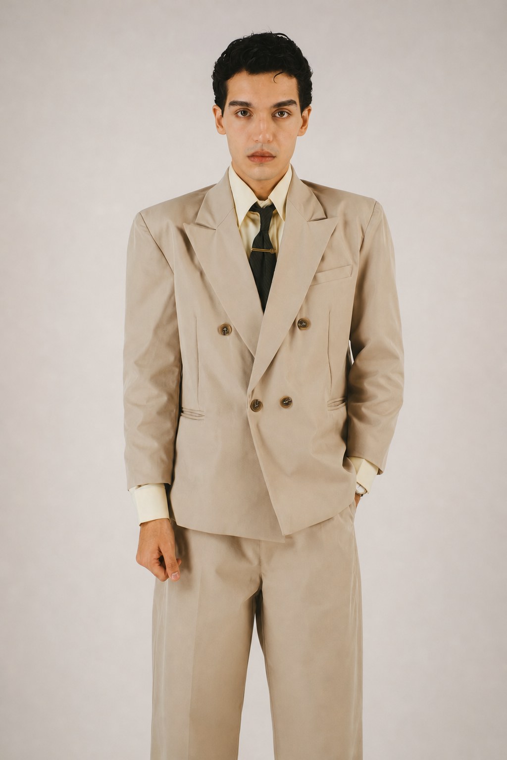Áo blazer double-breasted màu beige, model nam mặc phong cách công sở – ảnh minh họa