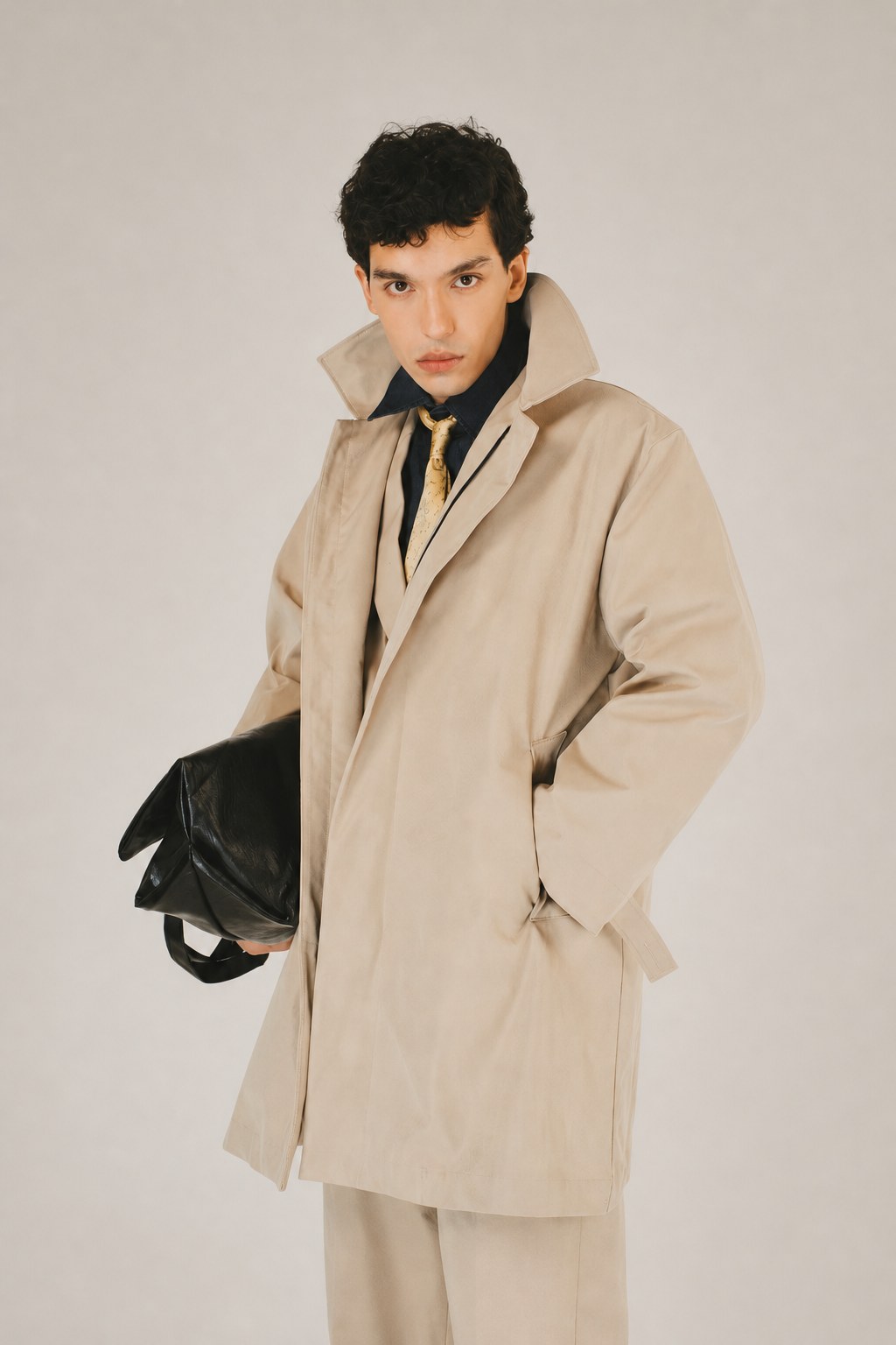 Người mẫu mặc trenchcoat beige cổ đứng, tay có túi, phom rộng vừa – ảnh minh họa